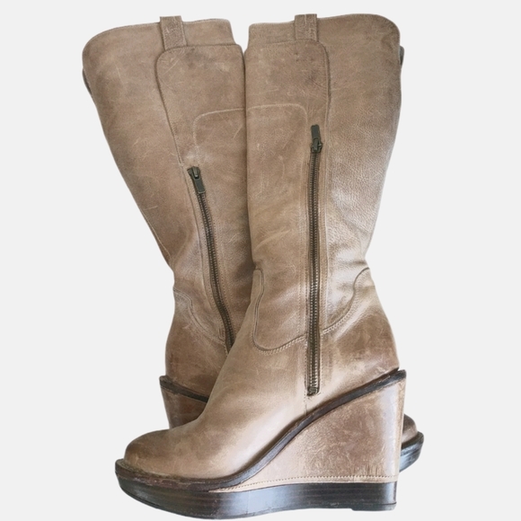 Frye Paige Distressed Leather Wedge Riding Boots - Picture 2 of 9